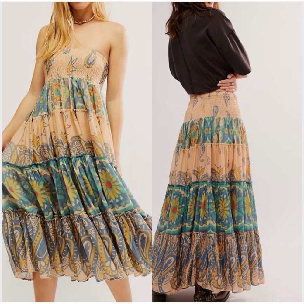 Free People Super Thrills Convertible Maxi Blue Sky Combo Medium Skirt Dress